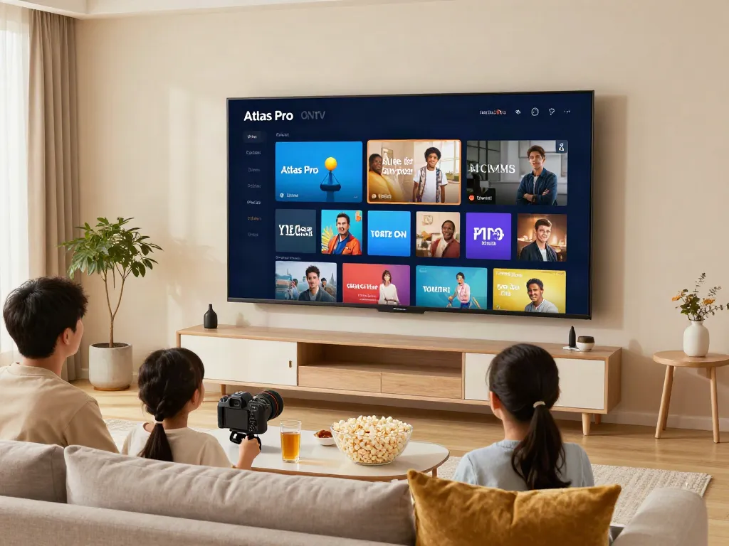 Famille profitant de l'application Atlas Pro sur télévision, ambiance conviviale.