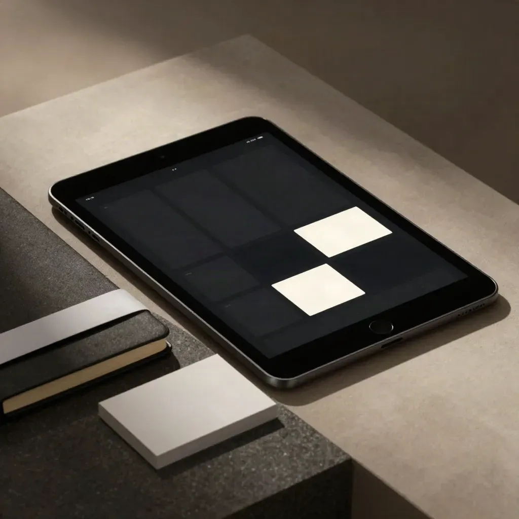 Maquette de page de vente sur tablette noire, carnet fin et carte vierge en lumière dramatique.
