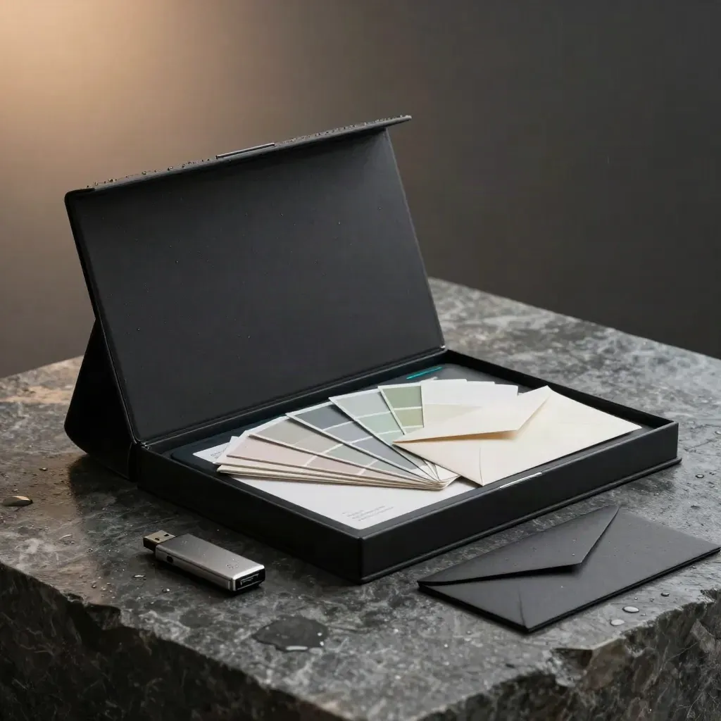 Coffret vitrine noir mat, cartes et nuancier sur dalle de pierre humide, halo cyan.