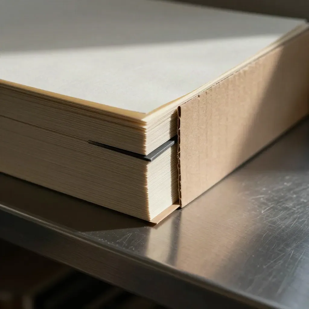 Maquette papier de devis en gros plan, avec tranche épaisse et étui carton sur fond sombre.