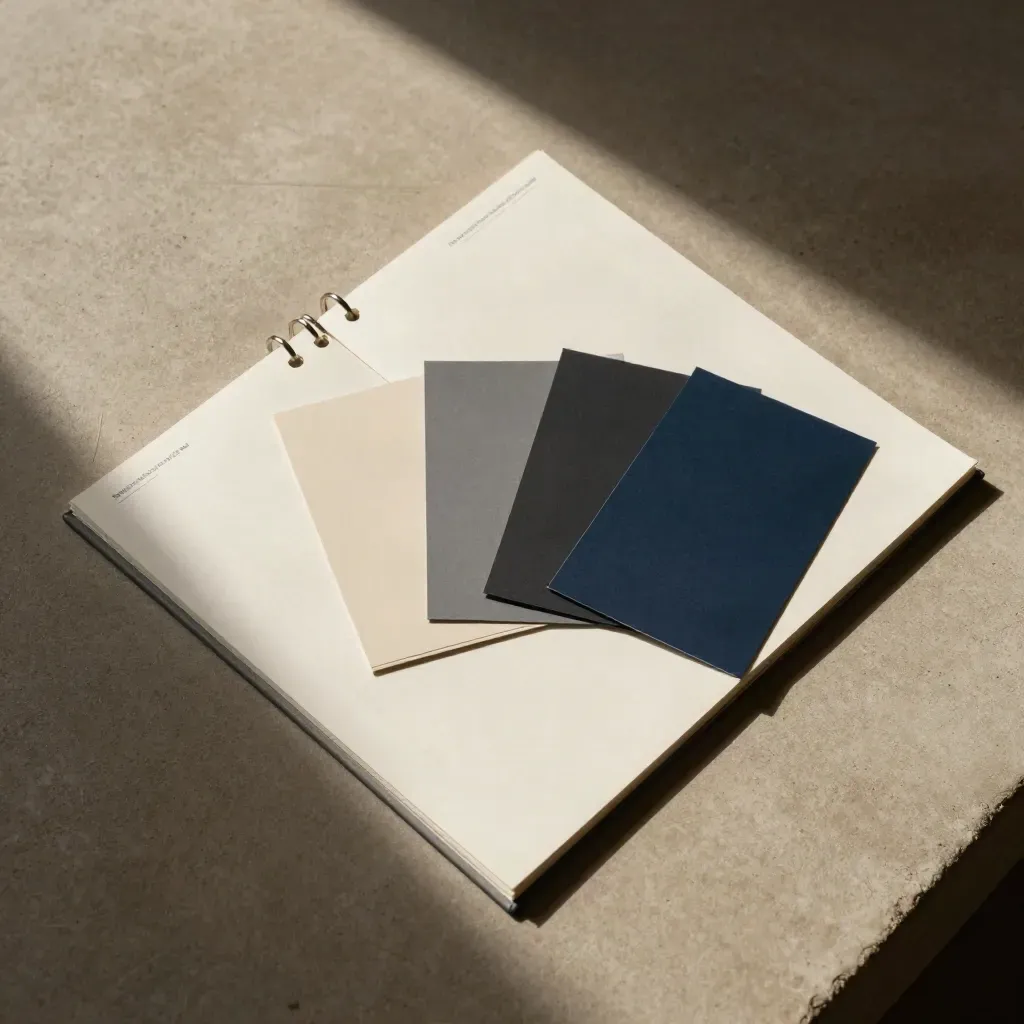 Vue du dessus d’un dossier de campagne publicitaire blanc cassé avec anneaux métalliques et papier calque.