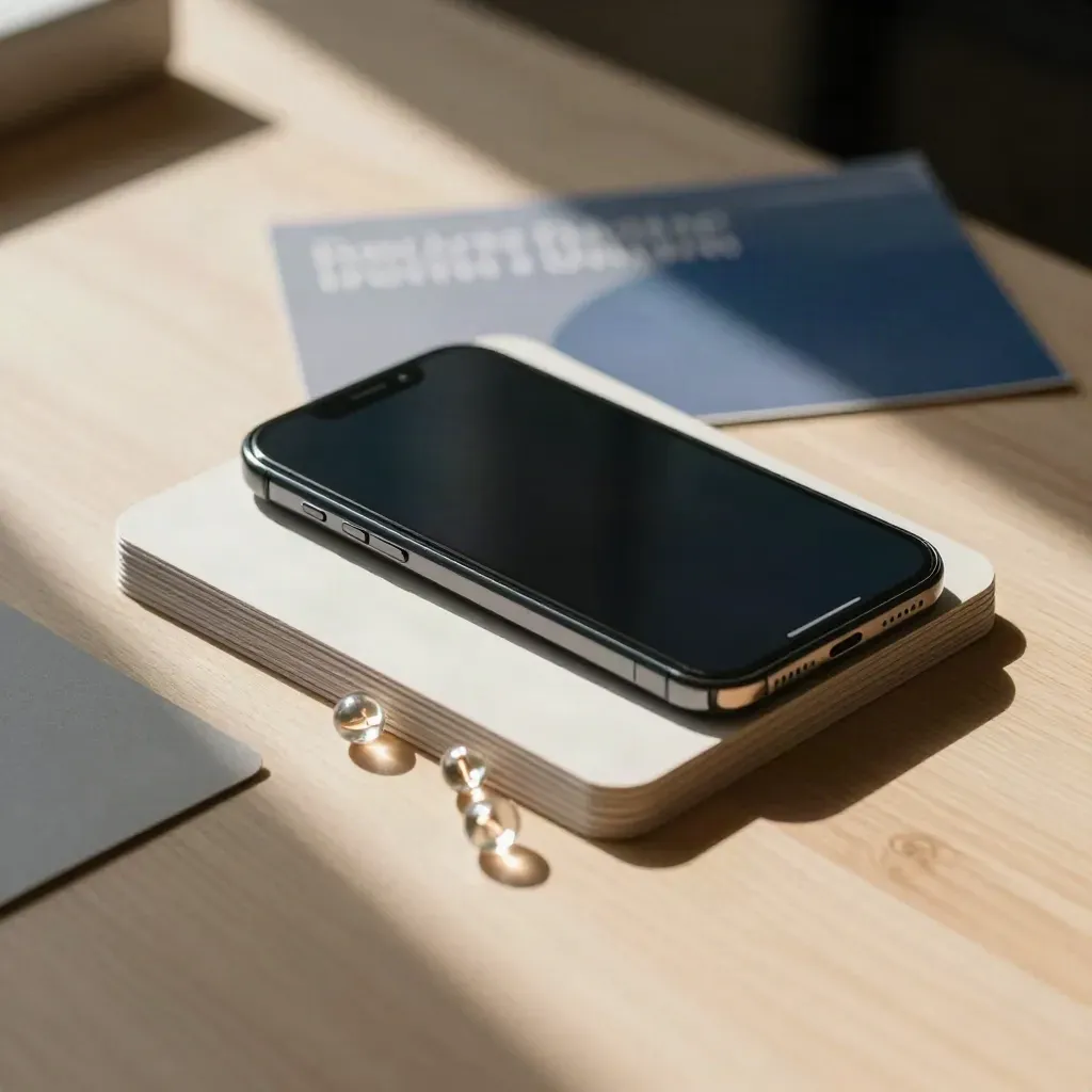 Kit réseaux sociaux en cascade sur bureau en chêne, smartphone éteint, cartes carrées et ampoule froide.