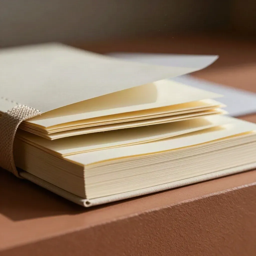 Macro d’un kit SEO en papier crème avec carnets fermés, cartes et bande de tissu froissés.