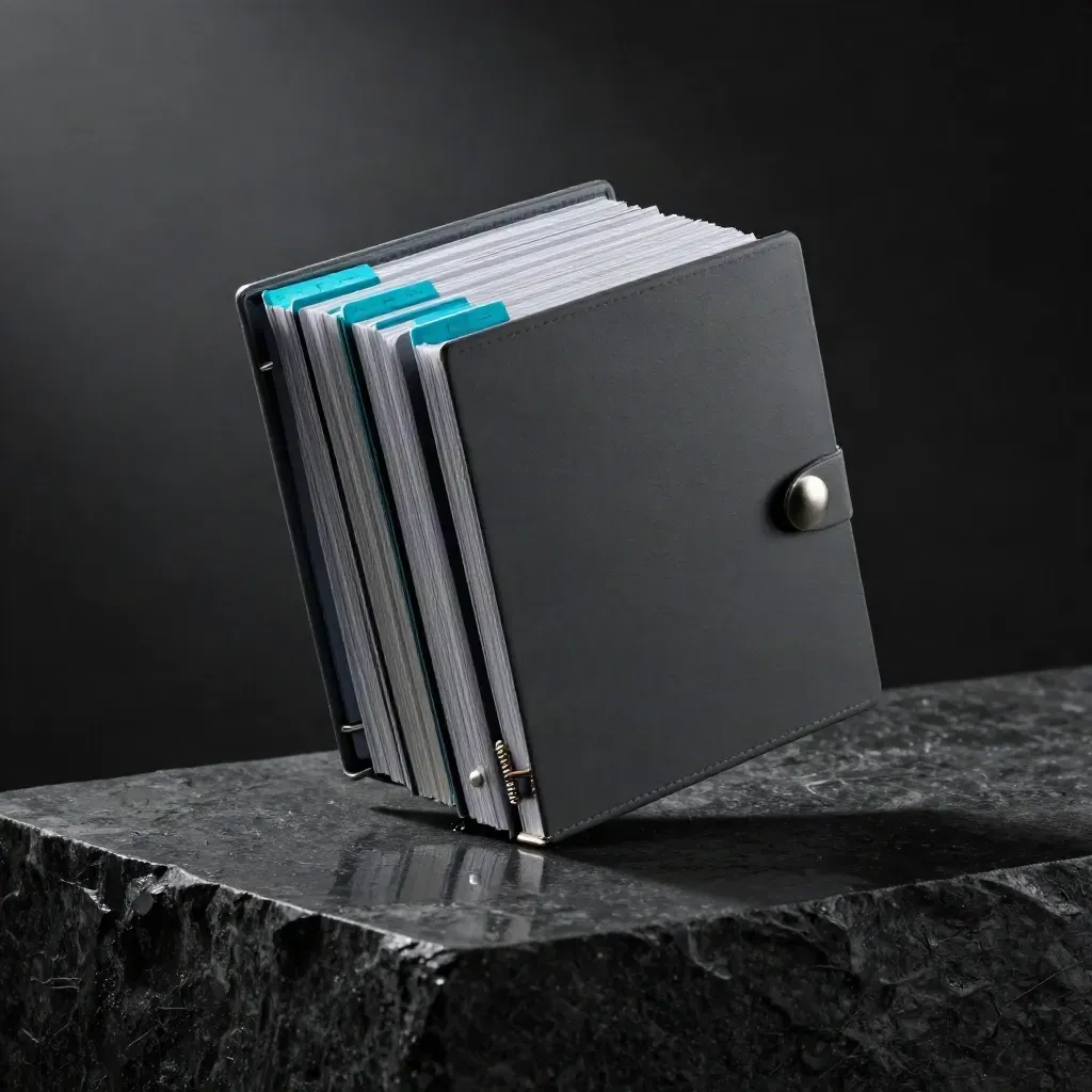 Classeur SEO compact flottant sur pierre sombre, onglets cyan et reflets de pluie.