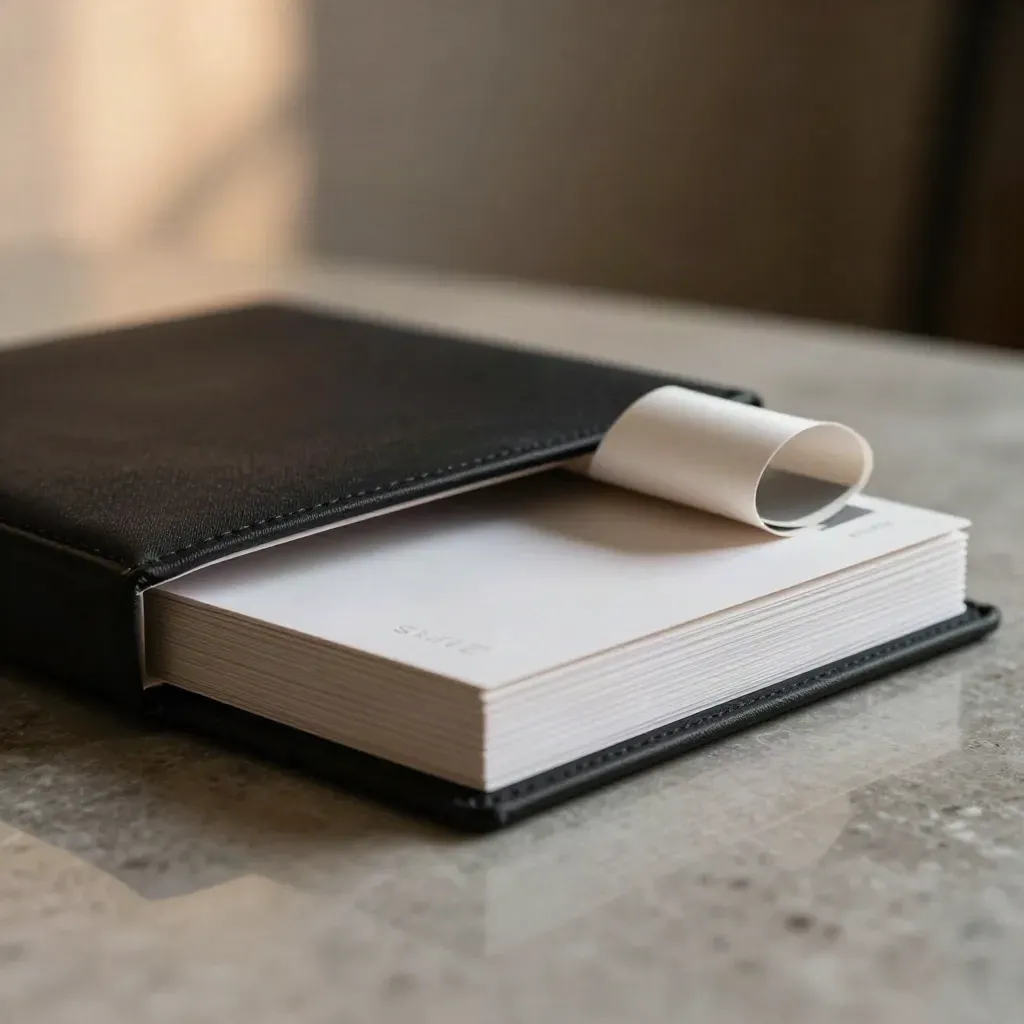 Boîtier noir satiné ouvert avec cartes blanches et nuancier sur table minérale.