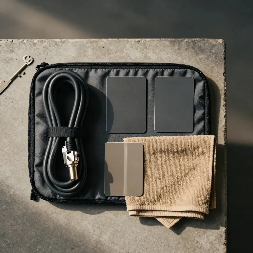 Vue du dessus d’un kit maintenance graphite avec pochette, chiffon microfibre et câble enroulé.