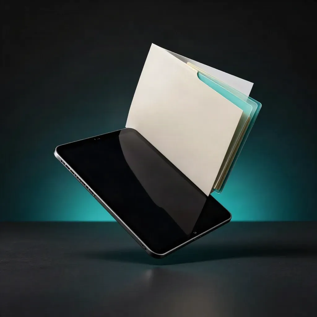 Tablette sombre, dossier blanc et cartes cyan sur socle noir, halo dramatique.