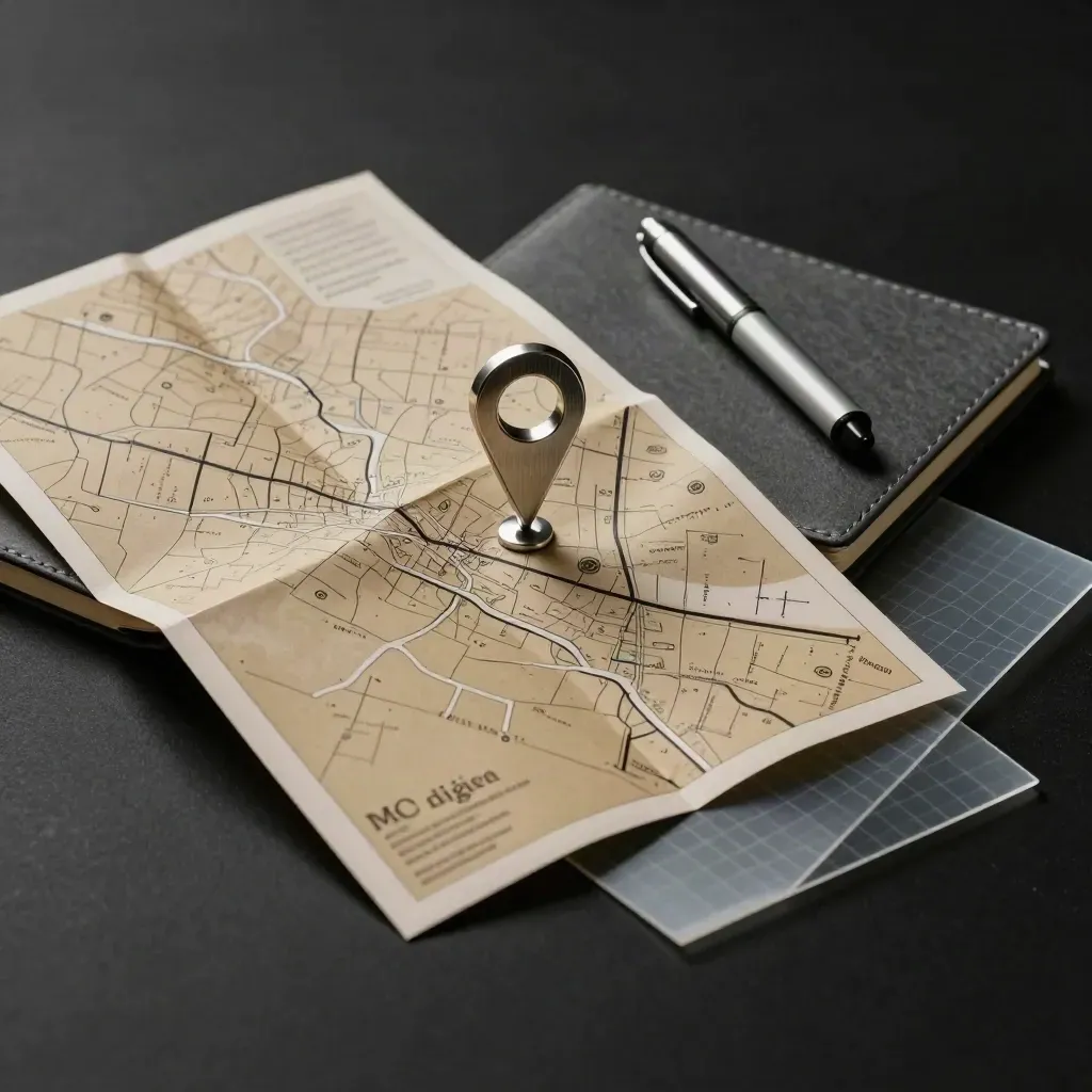 Kit SEO local avec carte pliée, pion métallique et carnet fermé sur fond sombre.