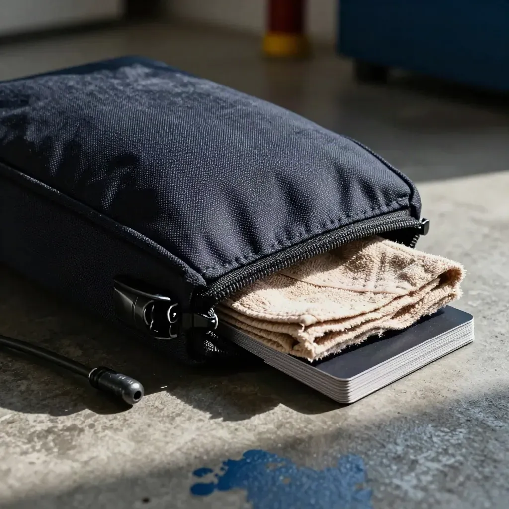 Trousse de maintenance en toile sombre, chiffon microfibre, câble et cartes vierges, fermée en gros plan.
