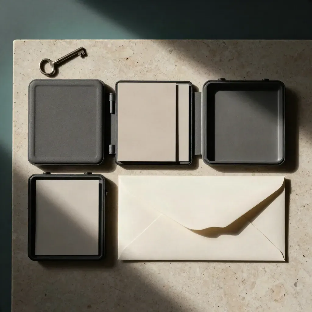 Kit de marque en boîte rigide, cartes et échantillons ouverts sur pierre claire.
