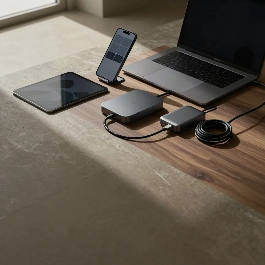 Surface en marbre brossé et bois sombre, outils digitaux en haut, espace vide pour titre.