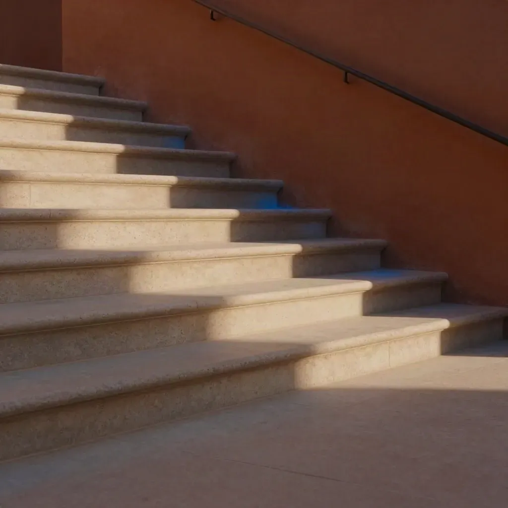 Escalier architectural en pierre claire, lumière rasante et zone calme pour texte.