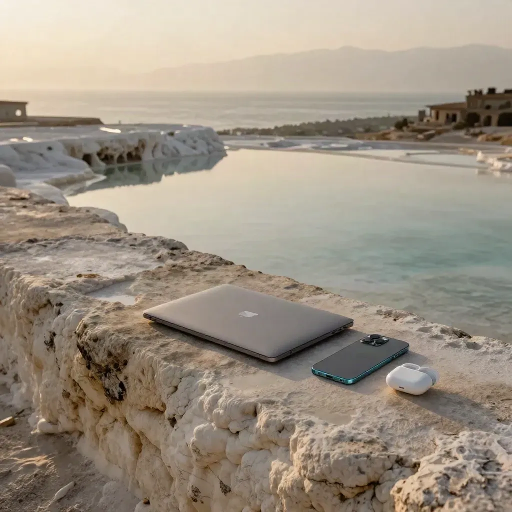 Terrasse minérale au bord de la mer, lumière dorée, laptop et smartphone sur pierre claire.
