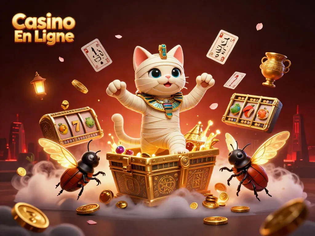 Jouez au Casino En Ligne avec des symboles de machines à sous et un chat momie en 3D.