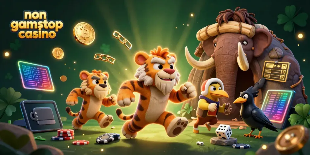 Engage with a vibrant non gamstop casino scene featuring a caveman duo, bone dice, and crypto elements.